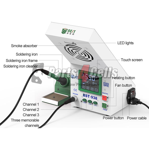 BST-938 Multi-functional 3 in 1 LED Light Smoke Absorber Soldering Iron Station - 110V w/ US Extra Adapter